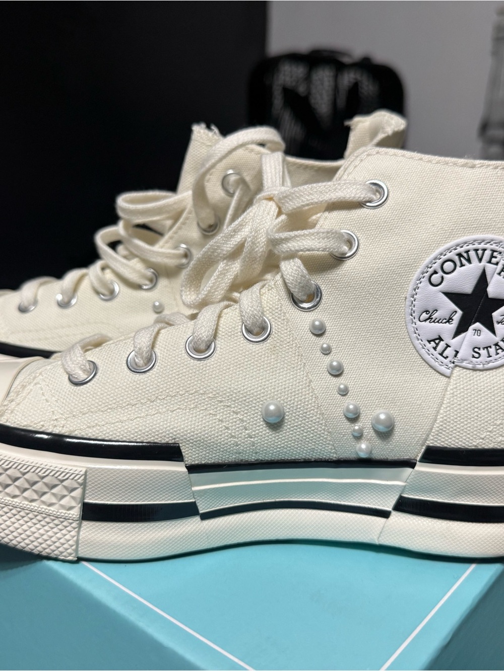 Converse High-Top Platform Sneakers in Cream with Pearl Studs